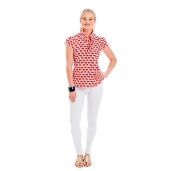 Elizabeth McKay ELIZABETH SHIRT Hot Pink Elephant Print Ruffle Blouse Top Size 0 - Picture 2 of 12